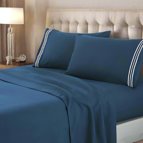 soft microfibre embroidered stripe sheet set king single sailor blue pillowcase white stripe