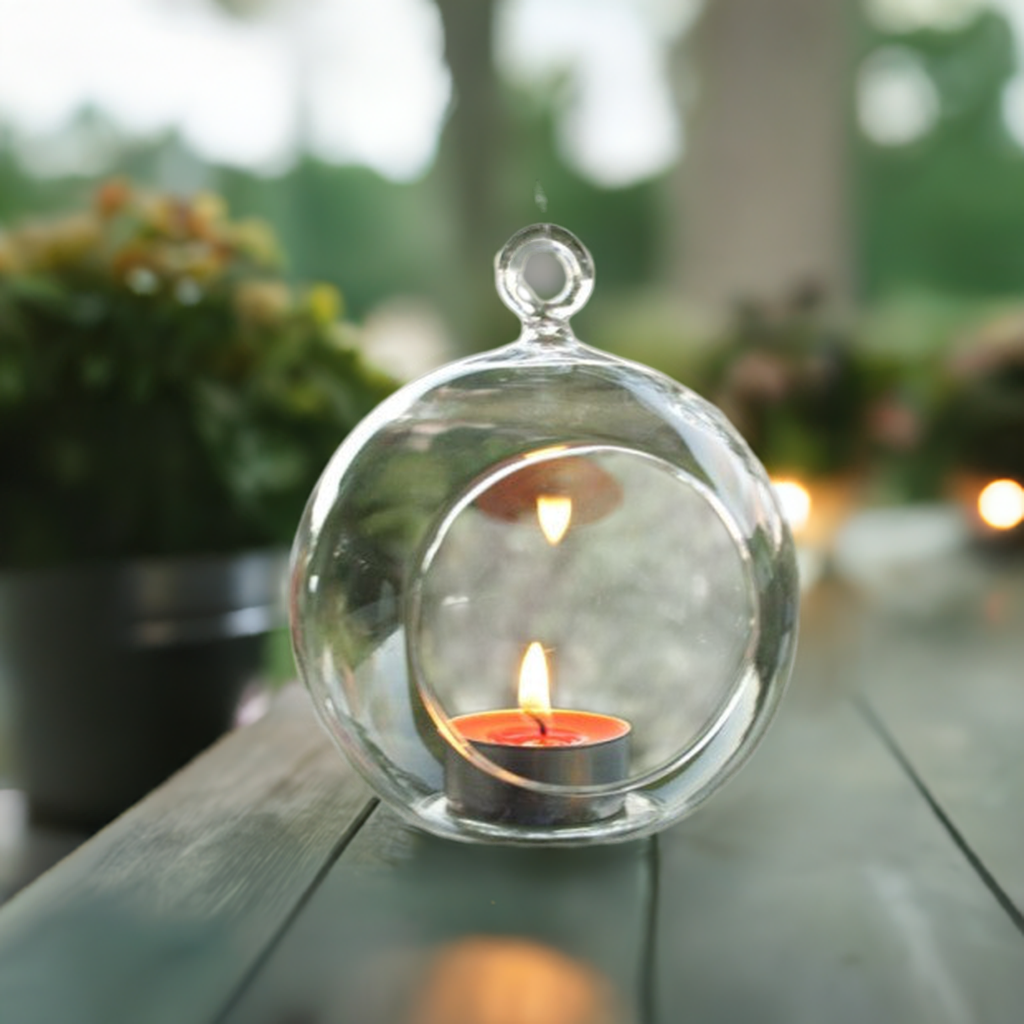 10 x Hanging Clear Glass Ball Tealight Candle Holder - 10cm Diameter / High