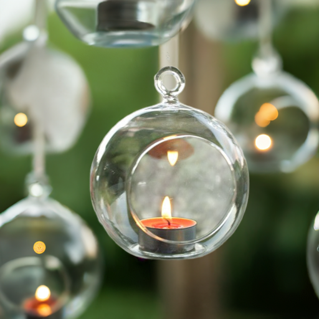 24 x Hanging Clear Glass Ball Tealight Candle Holder - 10cm Diameter / High