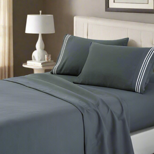 soft microfibre embroidered stripe sheet set king charcoal pillowcase white stripe