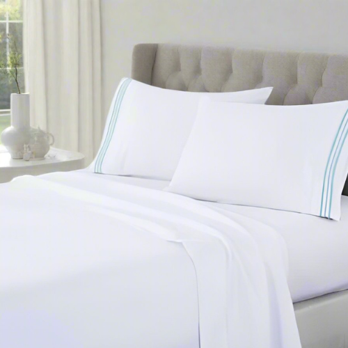 soft microfibre embroidered stripe sheet set double white pillowcase blue stripe