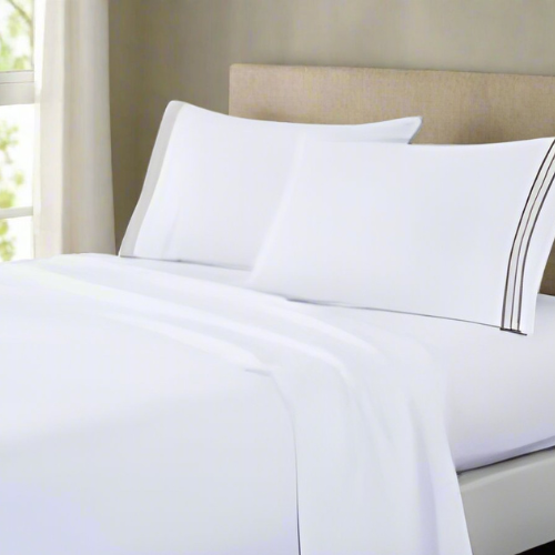 soft microfibre embroidered stripe sheet set double white sheet taupe stripe