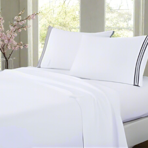 soft microfibre embroidered stripe sheet set king single white pillowcase charcoal stripe