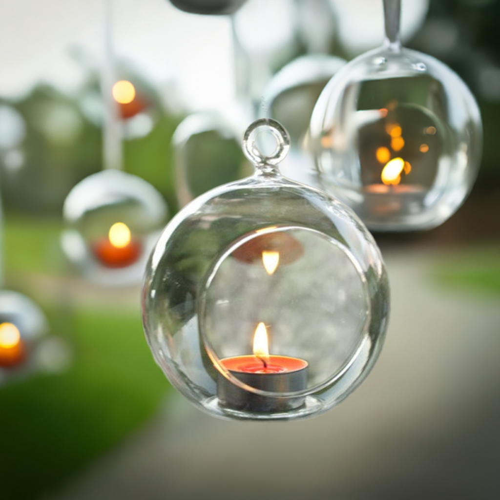 24 x Hanging Clear Glass Ball Tealight Candle Holder  - 10cm Diameter / High